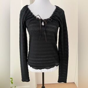 FREE PEOPLE Pointelle Long Sleeve Pullover Top Ribbon Drawstring Neck Bodycon